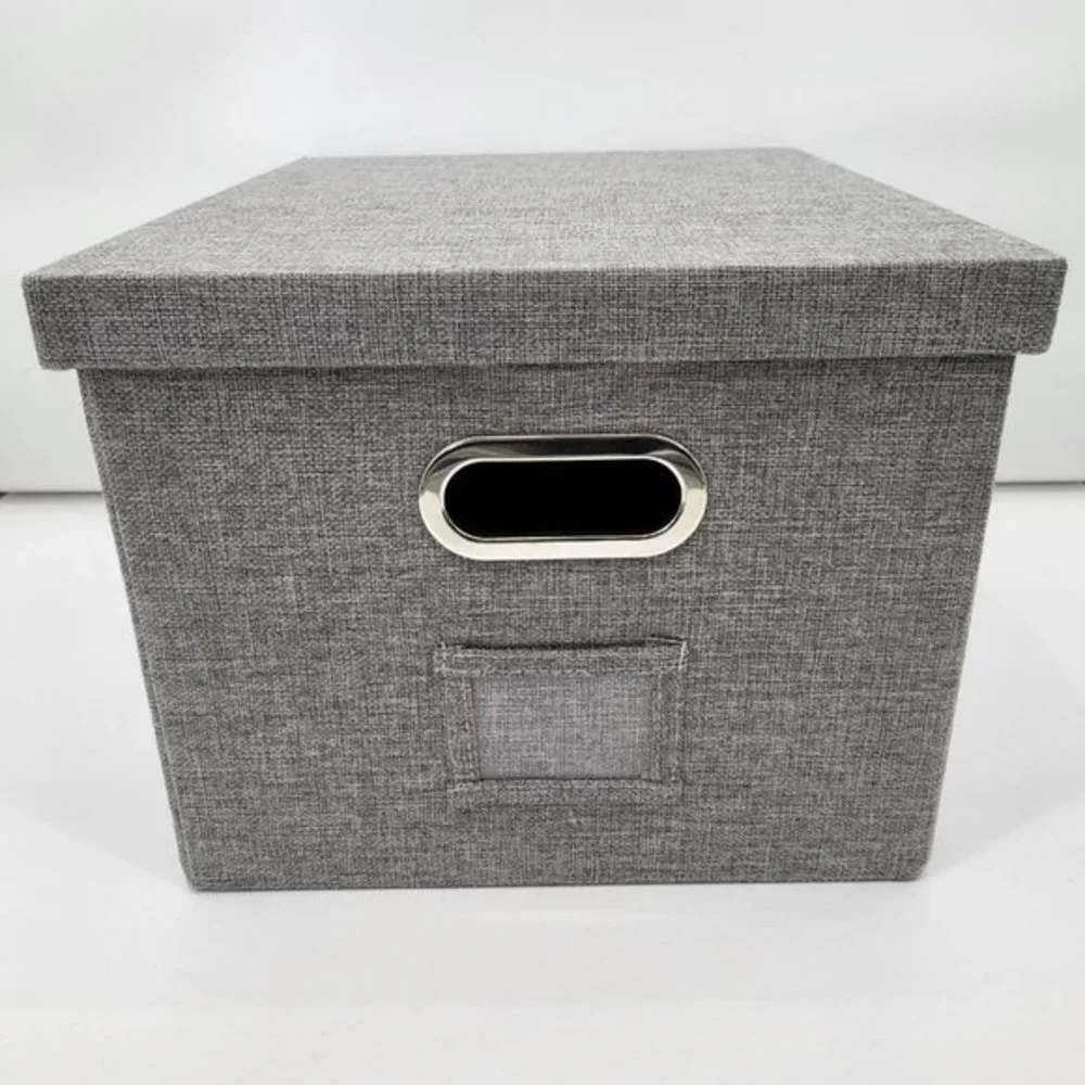 Collapsible File Storage Box w Lid Linen‎ Filing Storage Organizer with Rail New